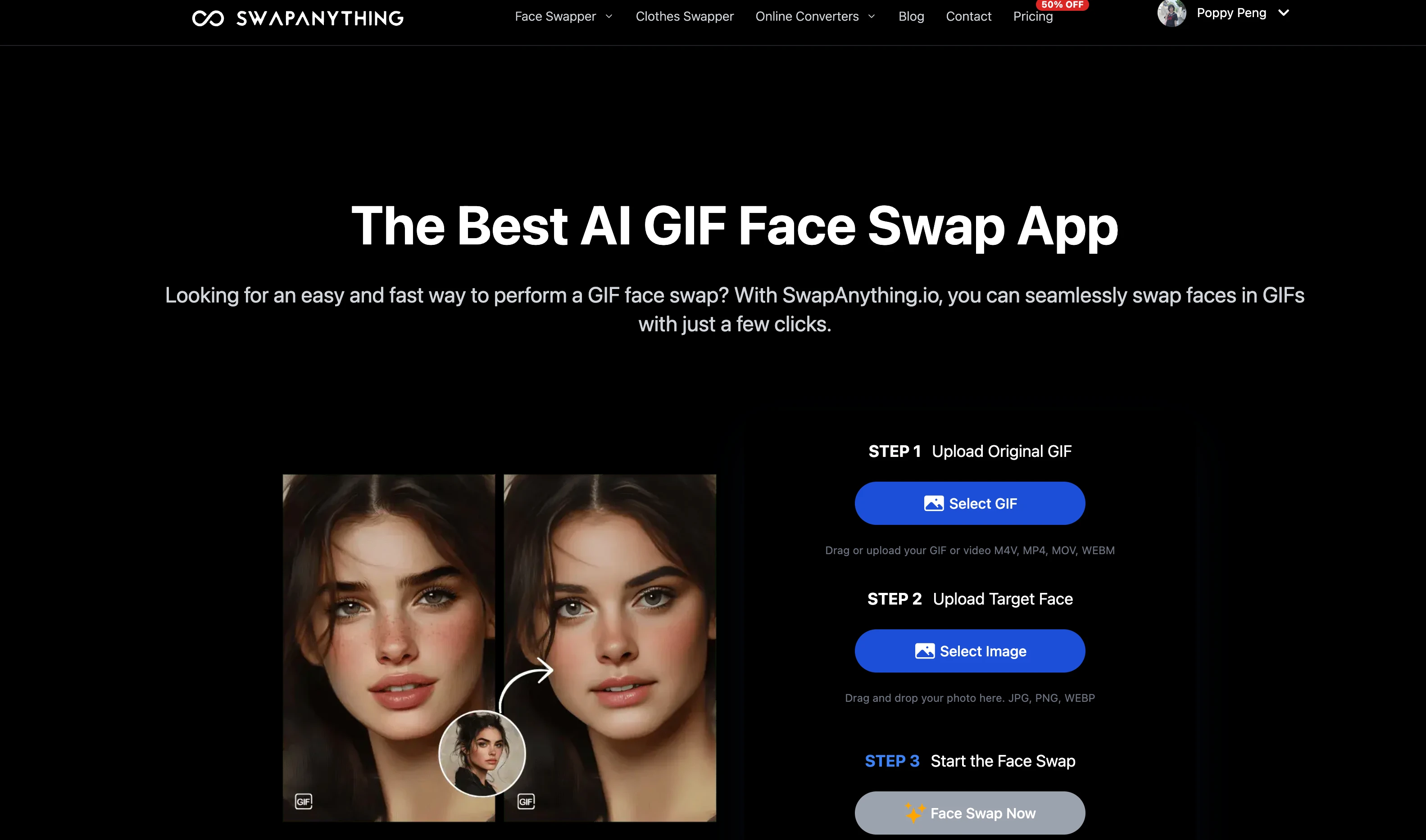 SwapAnything.io interface showing photo and video upload options
